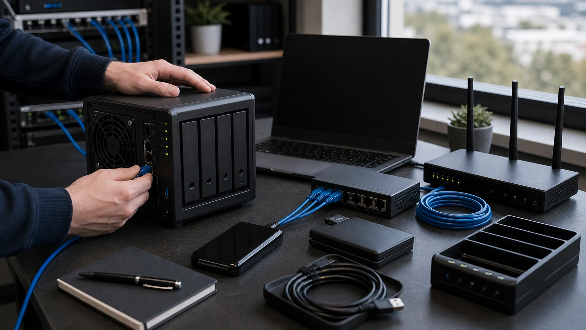 Backup i NAS dla firm Bielsko-Biala pokazane jako realistyczna scena techniczna dla uslugi IT w Bielsku-Bialej