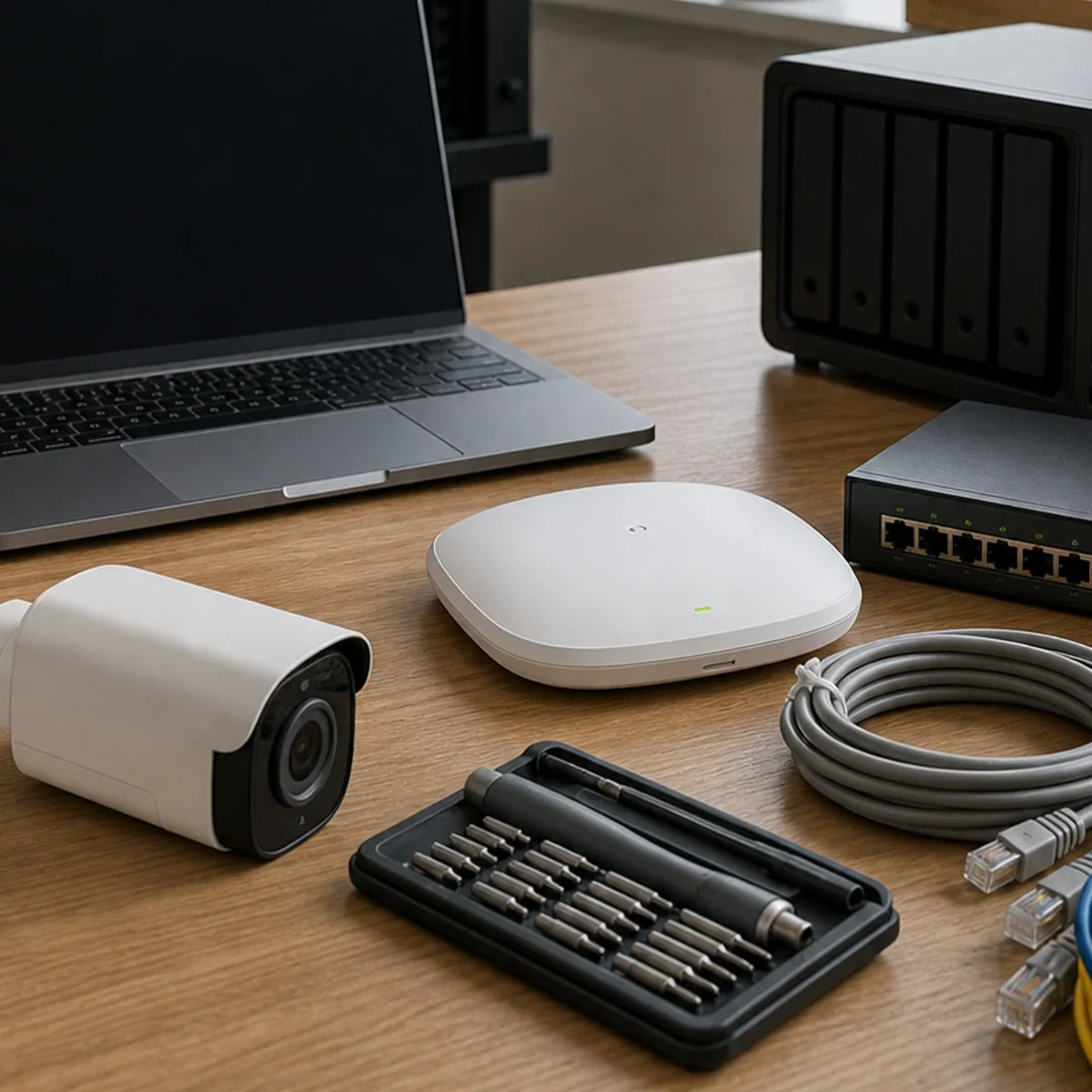 Uporzadkowane stanowisko IT z rackiem, NAS, Wi-Fi, monitoringiem i narzedziami serwisowymi.