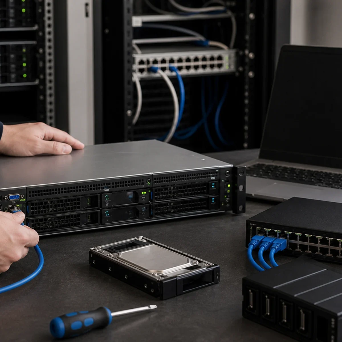 Backup i odtwarzanie VM pokazane jako realistyczna scena techniczna dla uslugi IT w Bielsku-Bialej