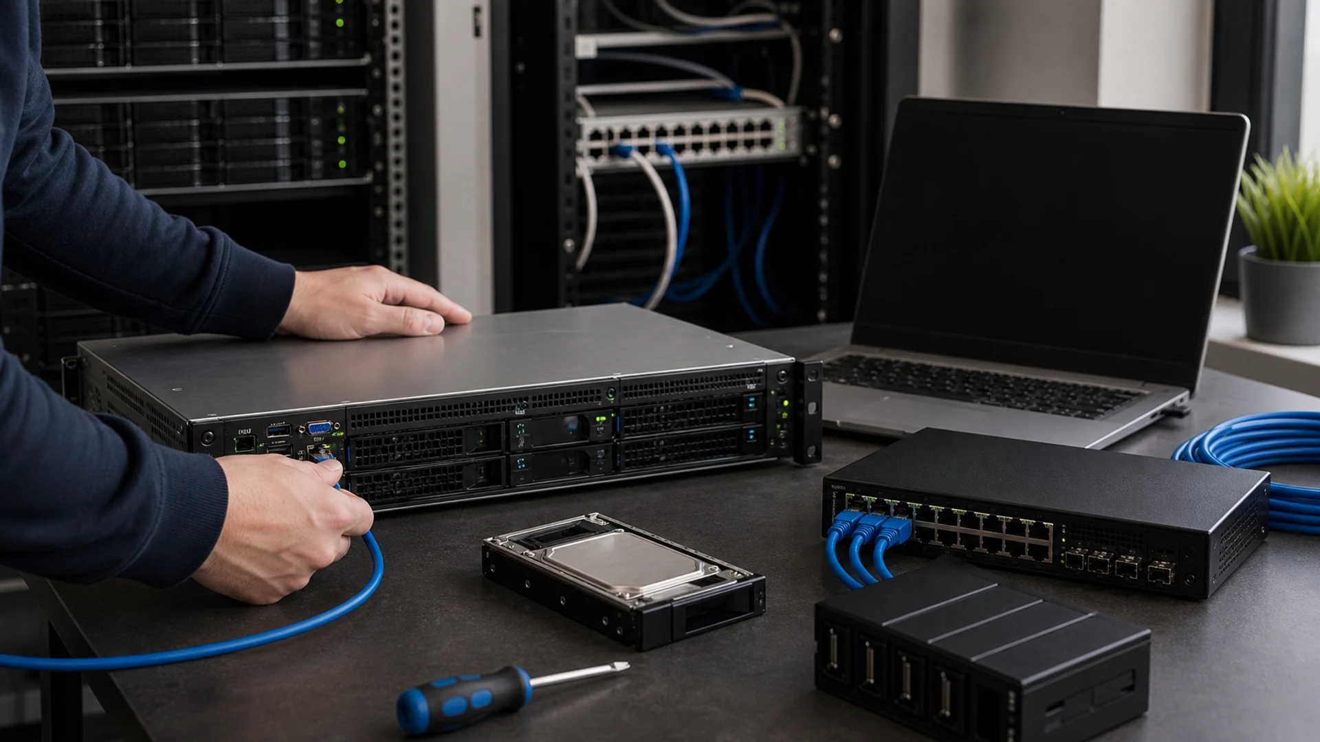 Konfiguracja Proxmox i Hyper-V Bielsko-Biala pokazane jako realistyczna scena techniczna dla uslugi IT w Bielsku-Bialej