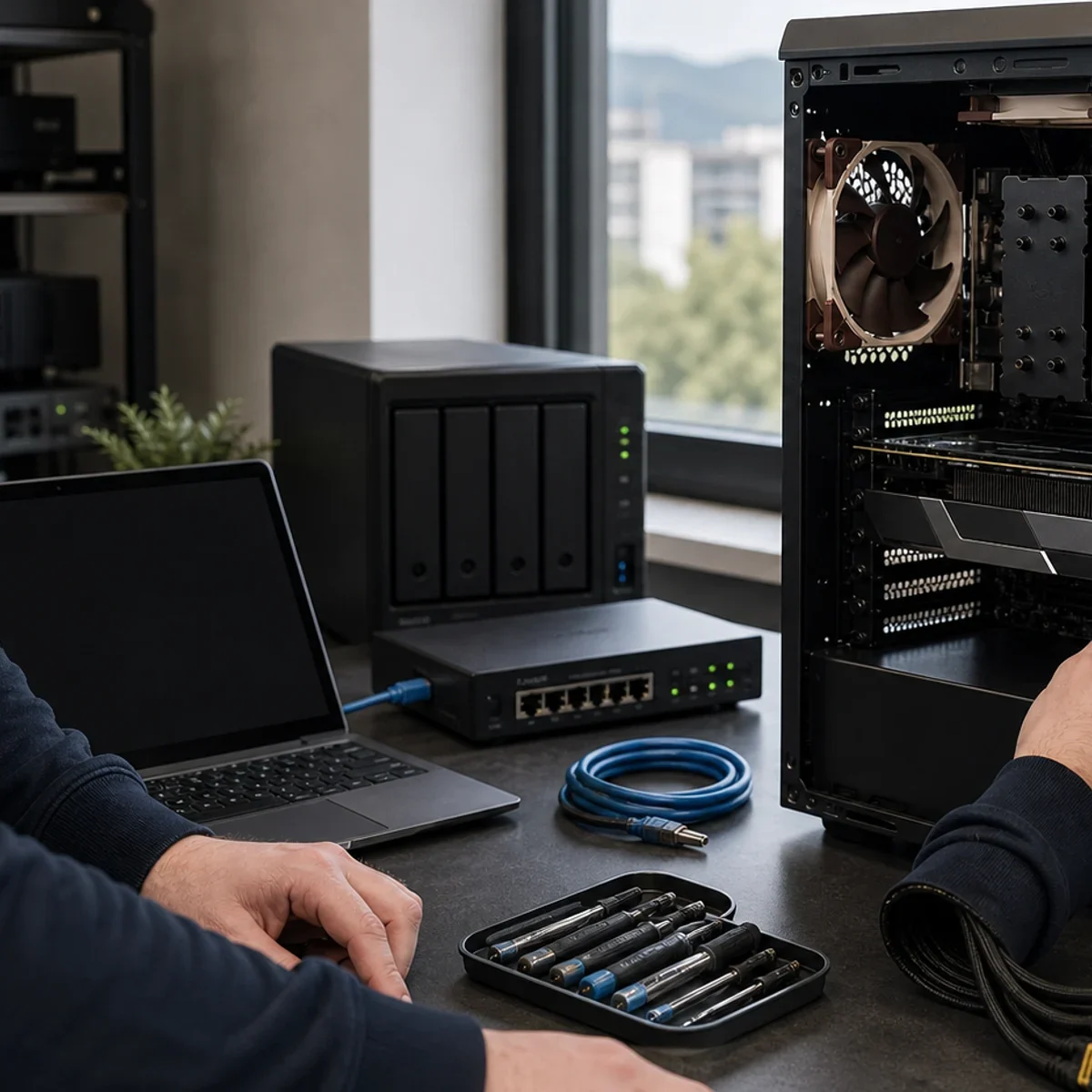 Architektura serwera AI: GPU, CPU, RAM, storage, sieć i UPS pokazane jako realistyczna scena techniczna dla uslugi IT w Bielsku-Bialej