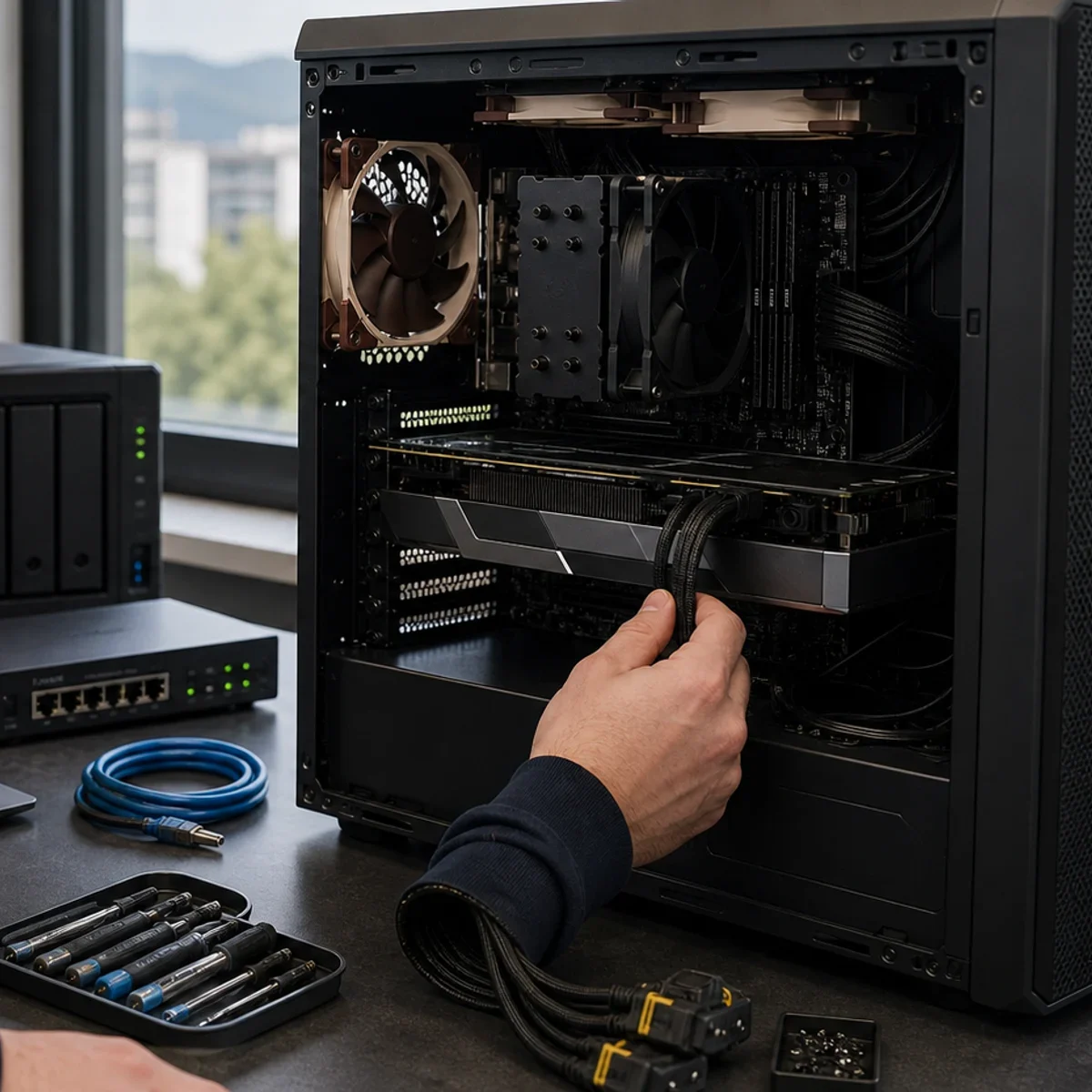 RTX PRO 4500 z 32 GB GDDR7 i kwestia pamięci VRAM pokazane jako realistyczna scena techniczna dla uslugi IT w Bielsku-Bialej