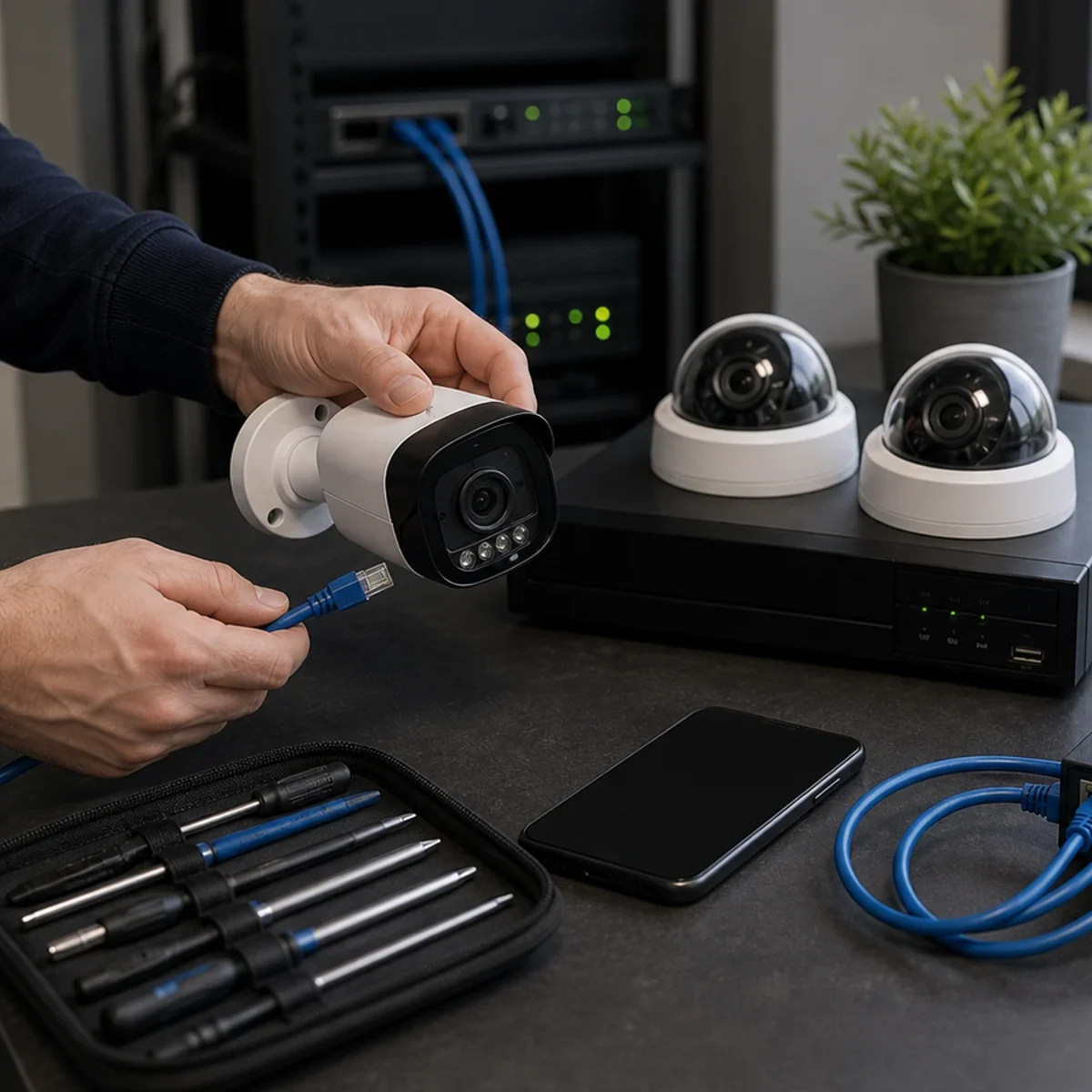 Monitoring IP, CCTV, NVR i aplikacja mobilna pokazane jako realistyczna scena techniczna dla uslugi IT w Bielsku-Bialej