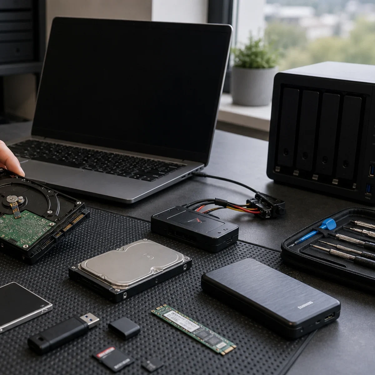 Dyski HDD i SSD, karty pamięci, pendrive i macierze RAID pokazane jako realistyczna scena techniczna dla uslugi IT w Bielsku-Bialej