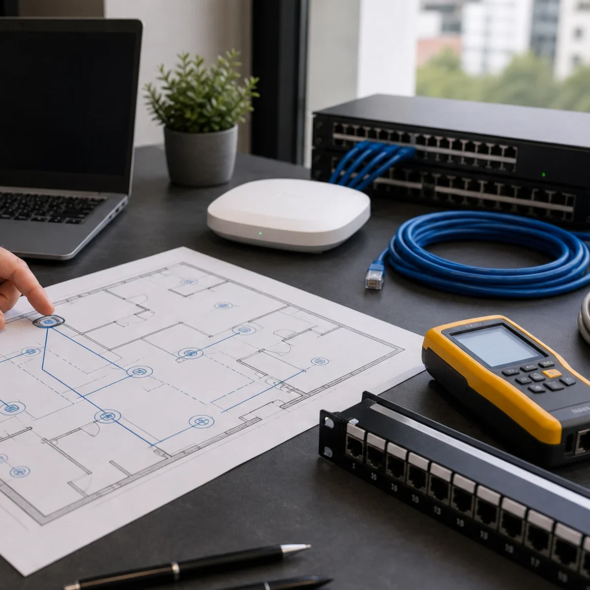 Co obejmuje projekt: LAN, VLAN, PoE, Wi-Fi i szafa rack pokazane jako realistyczna scena techniczna dla uslugi IT w Bielsku-Bialej