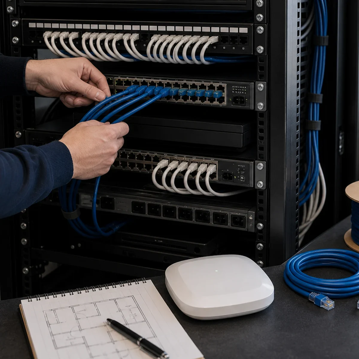 Co robie przy sieciach, Wi-Fi i rack pokazane jako realistyczna scena techniczna dla uslugi IT w Bielsku-Bialej