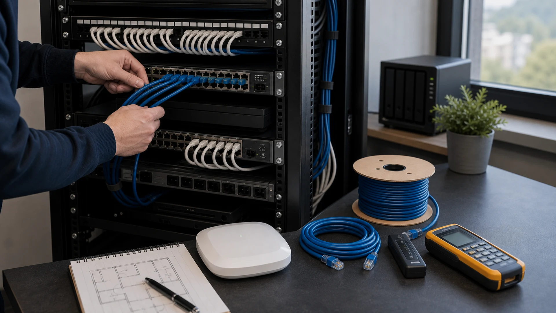 Sieci, Wi-Fi i rack Bielsko-Biala pokazane jako realistyczna scena techniczna dla uslugi IT w Bielsku-Bialej