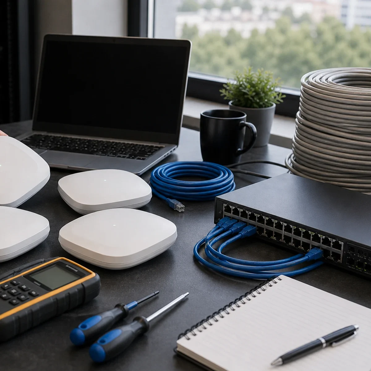 Projekt sieci: access pointy, PoE, VLAN i roaming pokazane jako realistyczna scena techniczna dla uslugi IT w Bielsku-Bialej