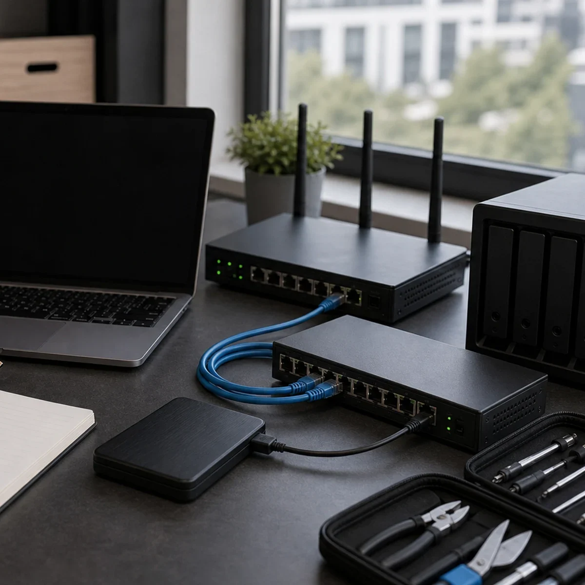 Kontrole techniczne: MFA, backup, logi, incydenty, ciągłość działania pokazane jako realistyczna scena techniczna dla uslugi IT w Bielsku-Bialej
